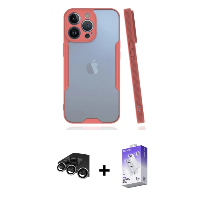 MARSİLYAN™- iPhone 14 Pro Max Kılıf Atlas Asil Serisi - Siyah Bilvis 5in1 3D Magic Cam Ekran Koruyucu + Gümüş Raze Metal Kamera Lens