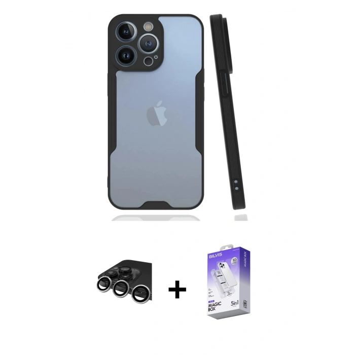 MARSİLYAN™- iPhone 14 Pro Max Kılıf Atlas Asil Serisi - Siyah Bilvis 5in1 3D Magic Cam Ekran Koruyucu + Gümüş Raze Metal Kamera Lens