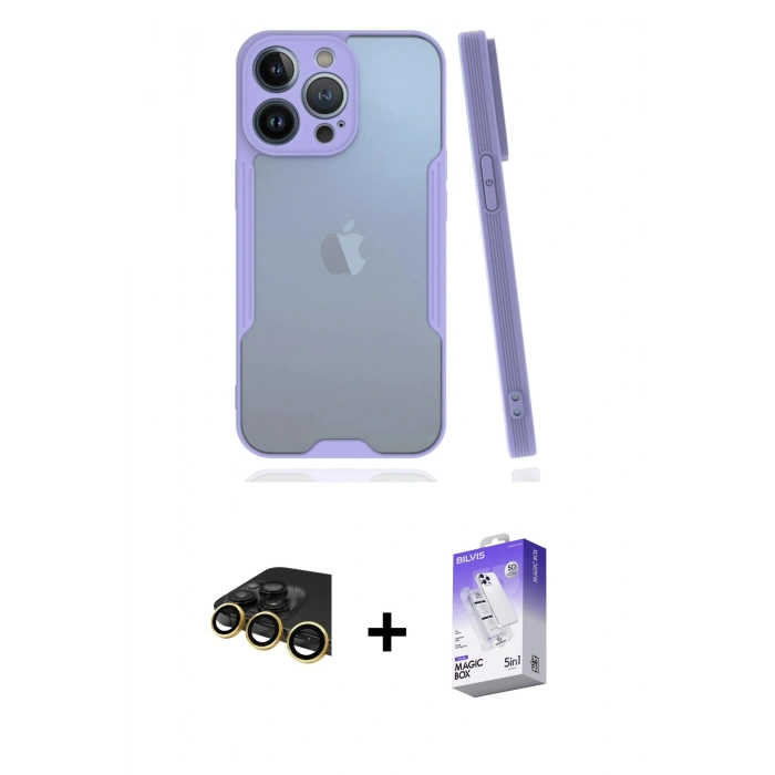 MARSİLYAN™- iPhone 14 Pro Max Kılıf Atlas Asil Serisi - Siyah Bilvis 5in1 3D Magic Cam Ekran Koruyucu + Raze Metal Kamera Lens - GD