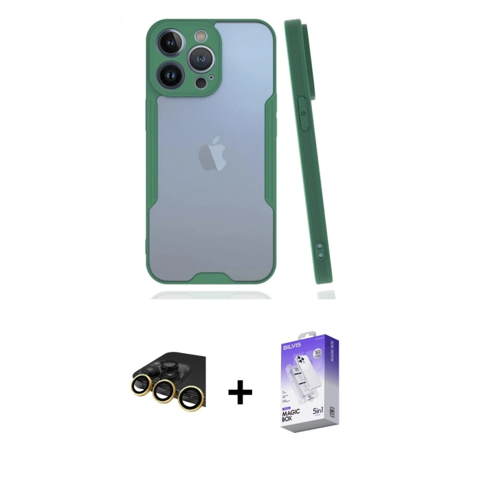 MARSİLYAN™- iPhone 14 Pro Max Kılıf Atlas Asil Serisi - Siyah Bilvis 5in1 3D Magic Cam Ekran Koruyucu + Raze Metal Kamera Lens - GD
