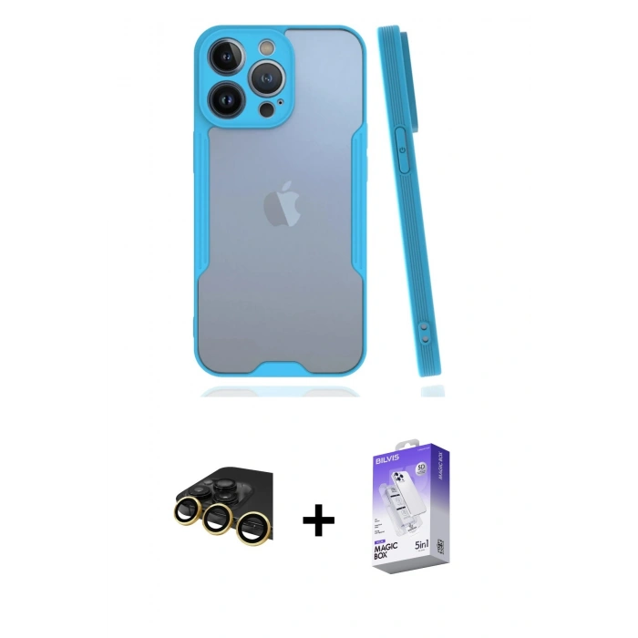 MARSİLYAN™- iPhone 14 Pro Max Kılıf Atlas Asil Serisi - Siyah Bilvis 5in1 3D Magic Cam Ekran Koruyucu + Raze Metal Kamera Lens - GD