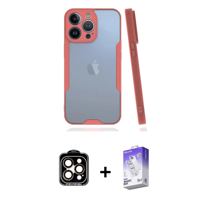 MARSİLYAN™- iPhone 14 Pro Max Kılıf Atlas Asil Serisi - Siyah Bilvis 5in1 3D Magic Cam Ekran Koruyucu + PVD Metal Kamera Lens - TU