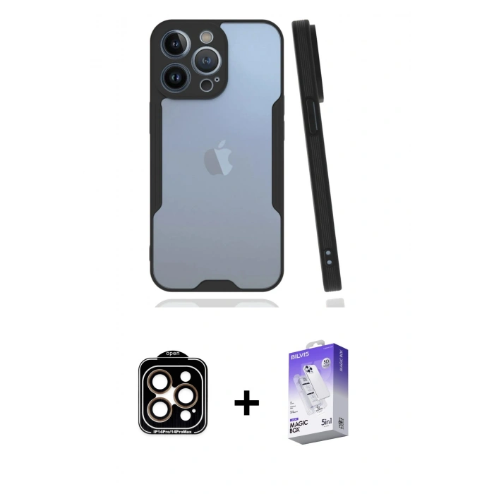MARSİLYAN™- iPhone 14 Pro Max Kılıf Atlas Asil Serisi - Siyah Bilvis 5in1 3D Magic Cam Ekran Koruyucu + PVD Metal Kamera Lens - TU