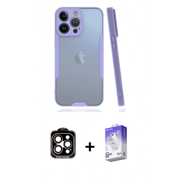 MARSİLYAN™- iPhone 14 Pro Max Kılıf Atlas Asil Serisi - Siyah Bilvis 5in1 3D Magic Cam Ekran Koruyucu + PVD Metal Kamera Lens - TU