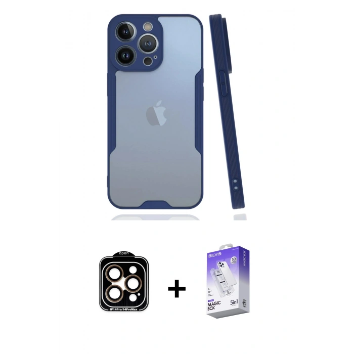 MARSİLYAN™- iPhone 14 Pro Max Kılıf Atlas Asil Serisi - Siyah Bilvis 5in1 3D Magic Cam Ekran Koruyucu + PVD Metal Kamera Lens - TU