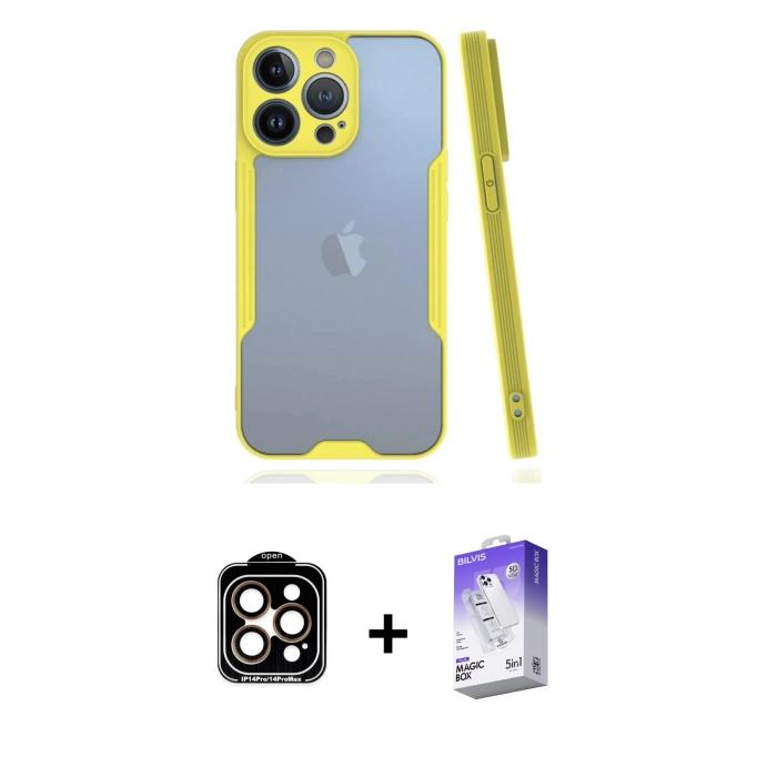 MARSİLYAN™- iPhone 14 Pro Max Kılıf Atlas Asil Serisi - Siyah Bilvis 5in1 3D Magic Cam Ekran Koruyucu + PVD Metal Kamera Lens - TU