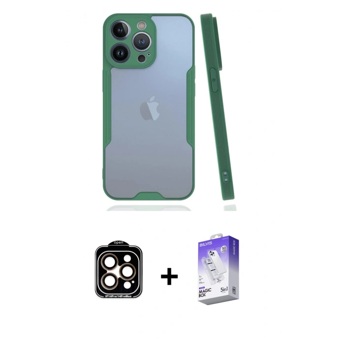 MARSİLYAN™- iPhone 14 Pro Max Kılıf Atlas Asil Serisi - Siyah Bilvis 5in1 3D Magic Cam Ekran Koruyucu + PVD Metal Kamera Lens - TU