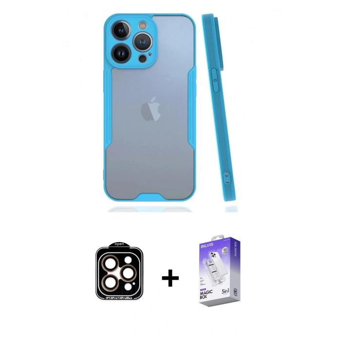 MARSİLYAN™- iPhone 14 Pro Max Kılıf Atlas Asil Serisi - Siyah Bilvis 5in1 3D Magic Cam Ekran Koruyucu + PVD Metal Kamera Lens - TU