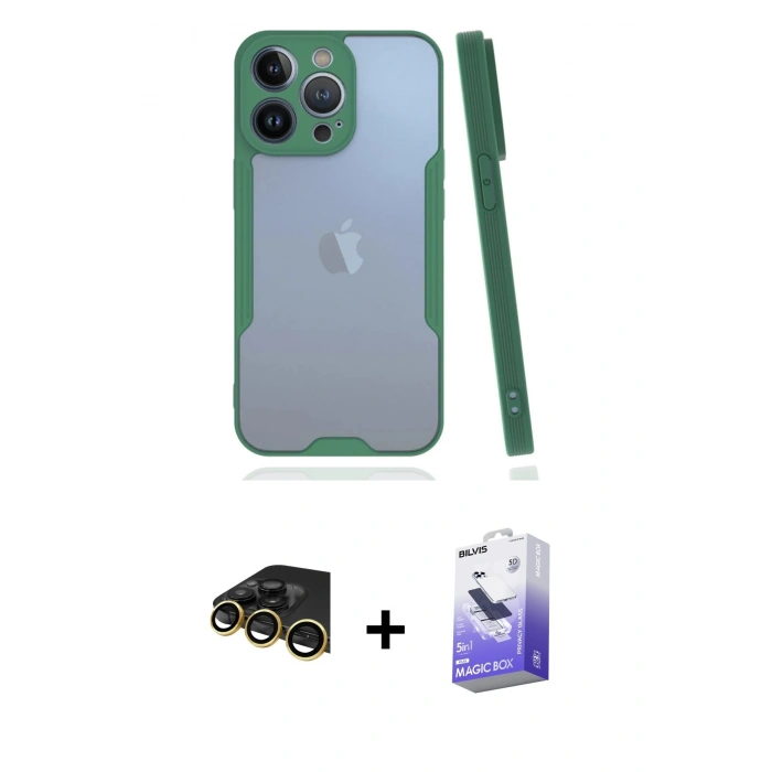 MARSİLYAN™- iPhone 14 Pro Max Kılıf Atlas Asil Serisi - Siyah Bilvis 5in1 5D Magic Hayalet Cam Ekran Koruyucu + Raze Metal Kamera Lens - GD