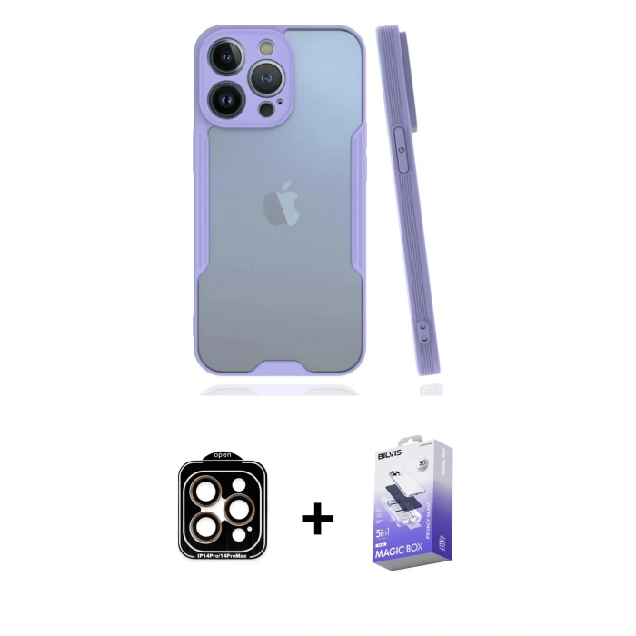 MARSİLYAN™- iPhone 14 Pro Max Kılıf Atlas Asil Serisi - Siyah Bilvis 5in1 5D Magic Hayalet Cam Ekran Koruyucu + PVD Metal Kamera Lens - TU