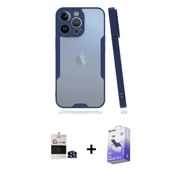 MARSİLYAN™- iPhone 14 Pro Max Kılıf Atlas Asil Serisi - Siyah Bilvis 5in1 5D Magic Hayalet Cam Ekran Koruyucu + Bilvis Titan Kamera Lens - DNMR