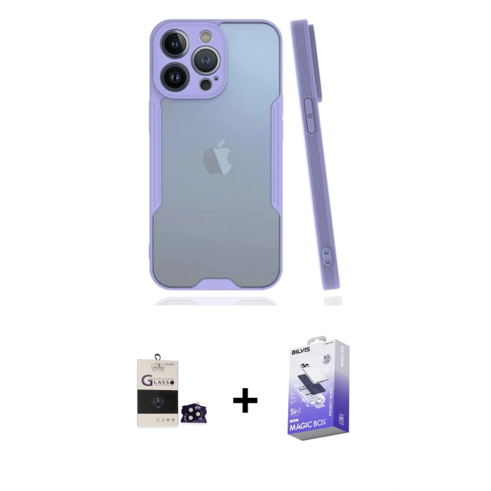 MARSİLYAN™- iPhone 14 Pro Max Kılıf Atlas Asil Serisi - Siyah Bilvis 5in1 5D Magic Hayalet Cam Ekran Koruyucu + Siyah Bilvis Titan Kamera Lens