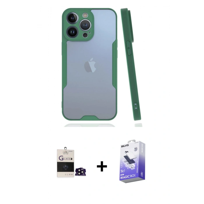 MARSİLYAN™- iPhone 14 Pro Max Kılıf Atlas Asil Serisi - Siyah Bilvis 5in1 5D Magic Hayalet Cam Ekran Koruyucu + Siyah Bilvis Titan Kamera Lens
