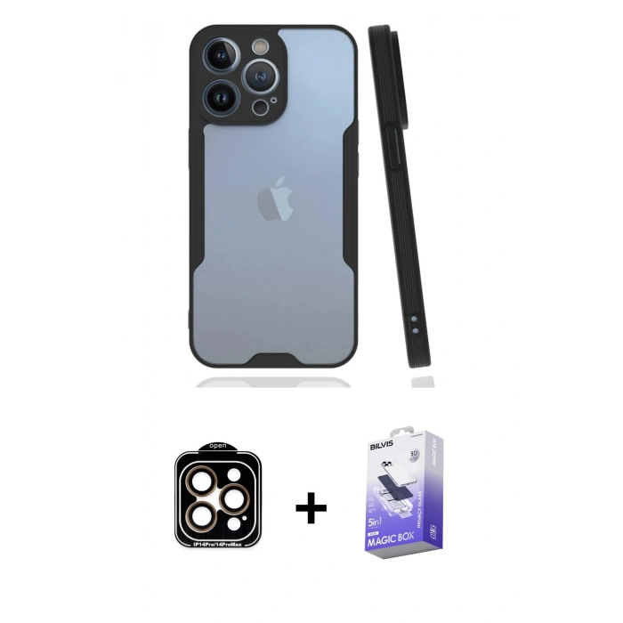 MARSİLYAN™- iPhone 14 Pro Max Kılıf Atlas Asil Serisi - Siyah Bilvis 5in1 5D Magic Hayalet Cam Ekran Koruyucu + PVD Metal Kamera Lens - TU