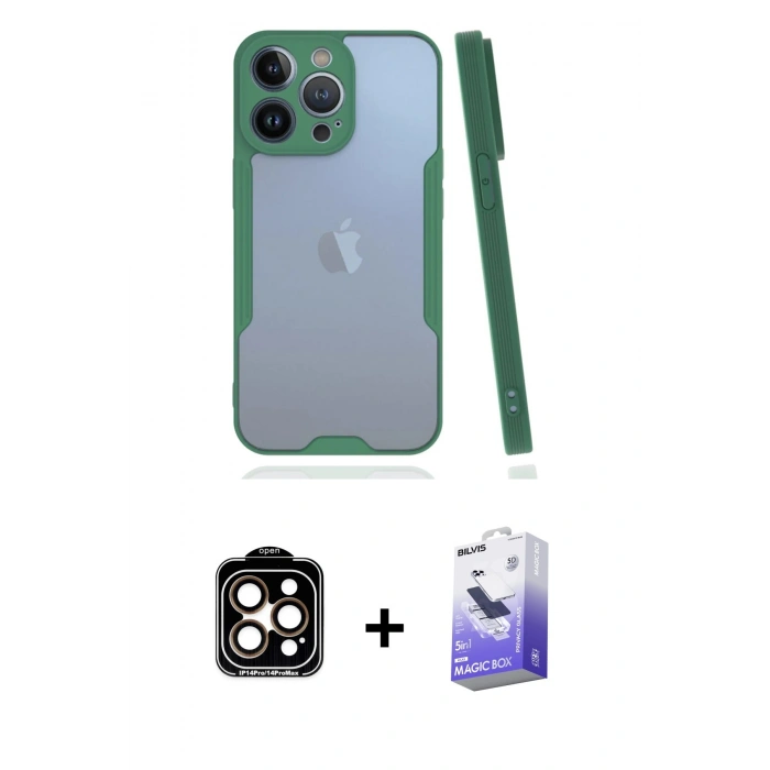 MARSİLYAN™- iPhone 14 Pro Max Kılıf Atlas Asil Serisi - Siyah Bilvis 5in1 5D Magic Hayalet Cam Ekran Koruyucu + PVD Metal Kamera Lens - TU
