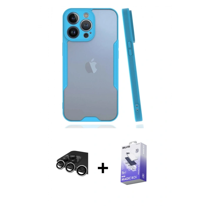 MARSİLYAN™- iPhone 14 Pro Max Kılıf Atlas Asil Serisi - Siyah Bilvis 5in1 5D Magic Hayalet Cam Ekran Koruyucu + Raze Metal Kamera Lens - GS