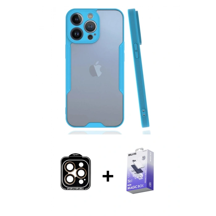 MARSİLYAN™- iPhone 14 Pro Max Kılıf Atlas Asil Serisi - Siyah Bilvis 5in1 5D Magic Hayalet Cam Ekran Koruyucu + PVD Metal Kamera Lens - TU