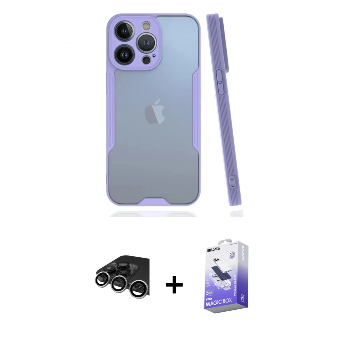 MARSİLYAN™- iPhone 14 Pro Max Kılıf Atlas Asil Serisi - Siyah Bilvis 5in1 5D Magic Hayalet Cam Ekran Koruyucu + Raze Metal Kamera Lens - GS