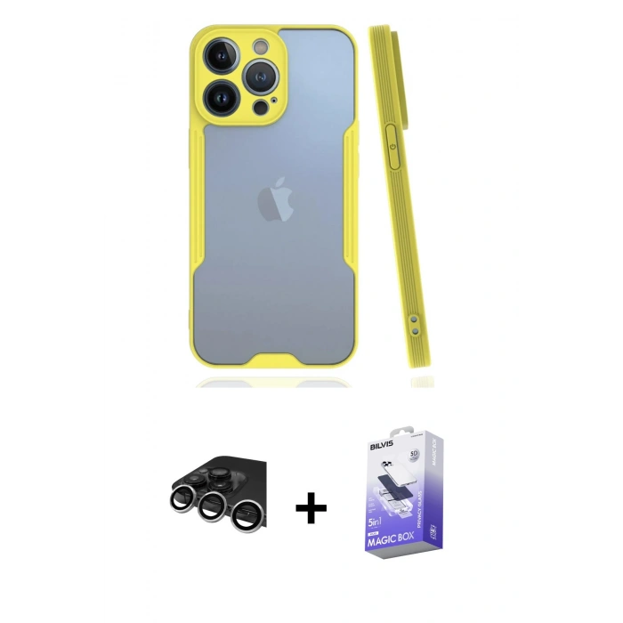 MARSİLYAN™- iPhone 14 Pro Max Kılıf Atlas Asil Serisi - Siyah Bilvis 5in1 5D Magic Hayalet Cam Ekran Koruyucu + Raze Metal Kamera Lens - GS