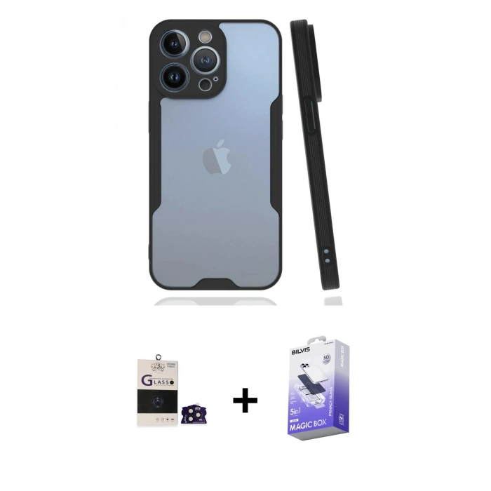 MARSİLYAN™- iPhone 14 Pro Max Kılıf Atlas Asil Serisi - Siyah Bilvis 5in1 5D Magic Hayalet Cam Ekran Koruyucu + Bilvis Titan Kamera Lens - DNMR
