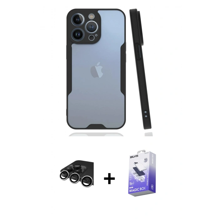 MARSİLYAN™- iPhone 14 Pro Max Kılıf Atlas Asil Serisi - Siyah Bilvis 5in1 5D Magic Hayalet Cam Ekran Koruyucu + Raze Metal Kamera Lens - GS