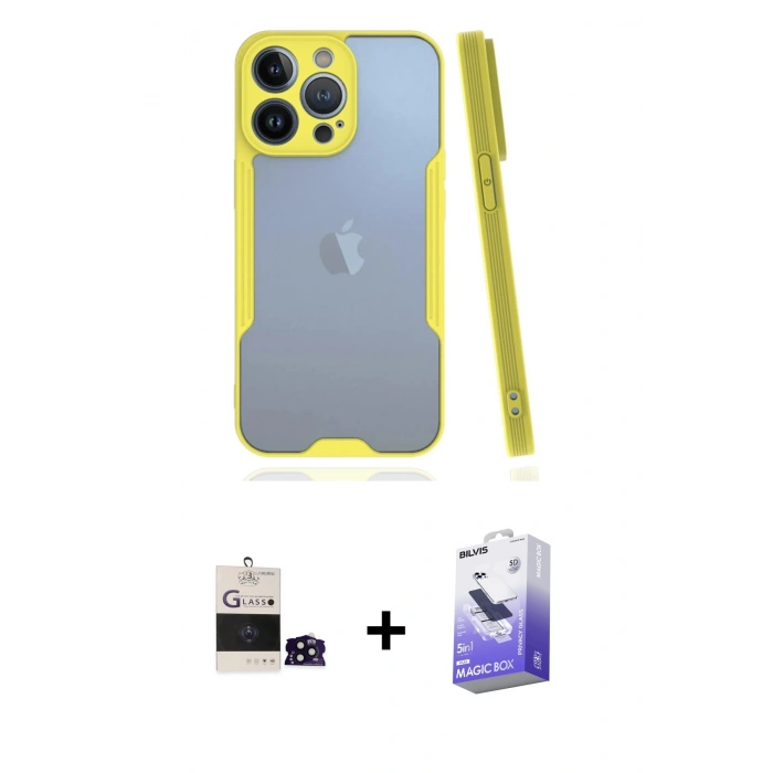 MARSİLYAN™- iPhone 14 Pro Max Kılıf Atlas Asil Serisi - Siyah Bilvis 5in1 5D Magic Hayalet Cam Ekran Koruyucu + Siyah Bilvis Titan Kamera Lens