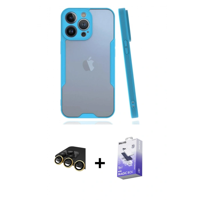 MARSİLYAN™- iPhone 14 Pro Max Kılıf Atlas Asil Serisi - Siyah Bilvis 5in1 5D Magic Hayalet Cam Ekran Koruyucu + Raze Metal Kamera Lens - GD
