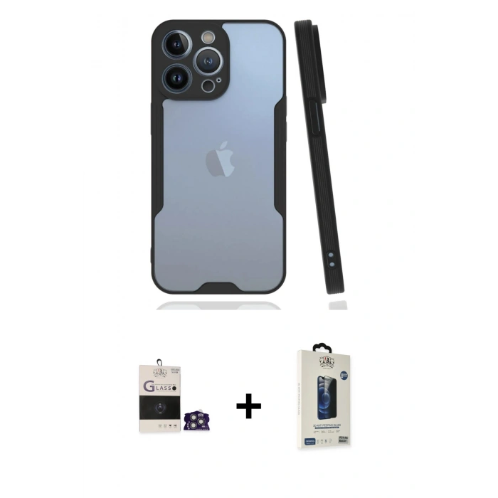 MARSİLYAN™- iPhone 14 Pro Max Kılıf Atlas Asil Serisi - Siyah Bilvis Hayalet Cam Ekran Koruyucu + Bilvis Titan Kamera Lens - GS