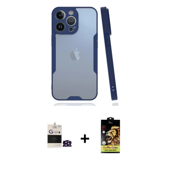 MARSİLYAN™- iPhone 14 Pro Max Kılıf Atlas Asil Serisi - Siyah Buffer Cam Ekran Koruyucu + Bilvis Titan Kamera Lens - DNMR