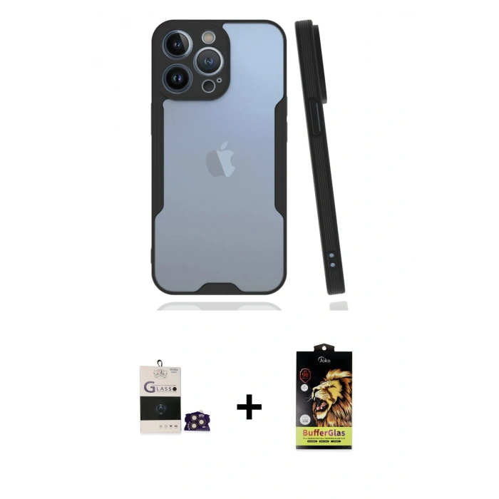 MARSİLYAN™- iPhone 14 Pro Max Kılıf Atlas Asil Serisi - Siyah Buffer Cam Ekran Koruyucu + Bilvis Titan Kamera Lens - GD