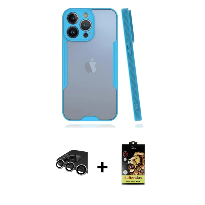 MARSİLYAN™- iPhone 14 Pro Max Kılıf Atlas Asil Serisi - Siyah Buffer Cam Ekran Koruyucu + Gümüş Raze Metal Kamera Lens
