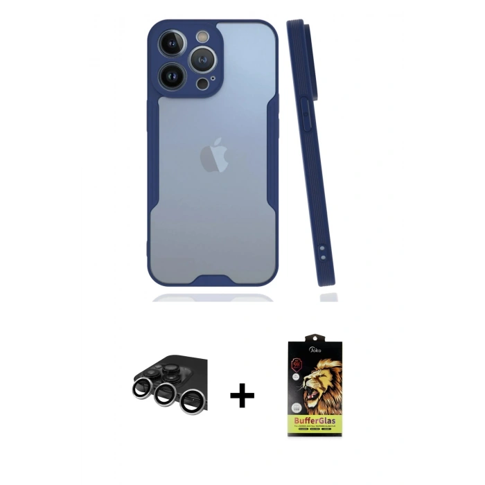 MARSİLYAN™- iPhone 14 Pro Max Kılıf Atlas Asil Serisi - Siyah Buffer Cam Ekran Koruyucu + Gümüş Raze Metal Kamera Lens