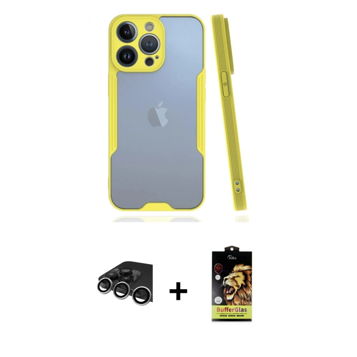 MARSİLYAN™- iPhone 14 Pro Max Kılıf Atlas Asil Serisi - Siyah Buffer Cam Ekran Koruyucu + Gümüş Raze Metal Kamera Lens