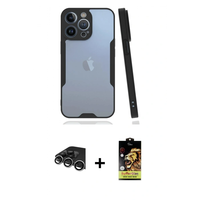MARSİLYAN™- iPhone 14 Pro Max Kılıf Atlas Asil Serisi - Siyah Buffer Cam Ekran Koruyucu + Gümüş Raze Metal Kamera Lens