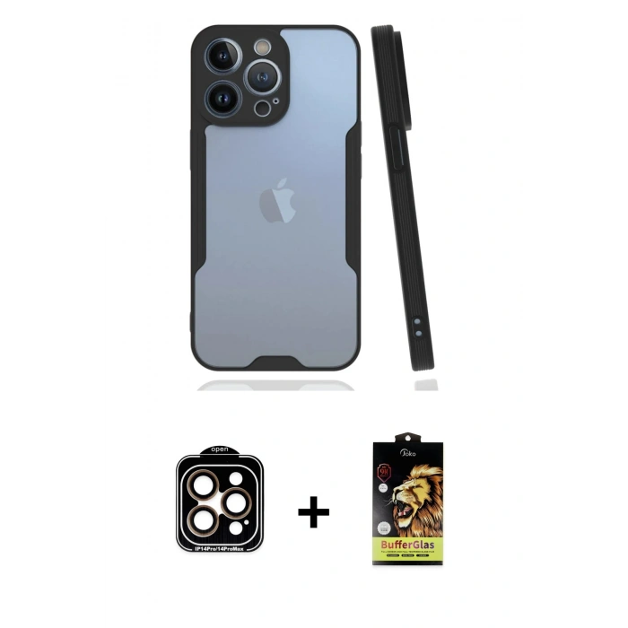 MARSİLYAN™- iPhone 14 Pro Max Kılıf Atlas Asil Serisi - Siyah Buffer Cam Ekran Koruyucu + PVD Metal Kamera Lens - TU