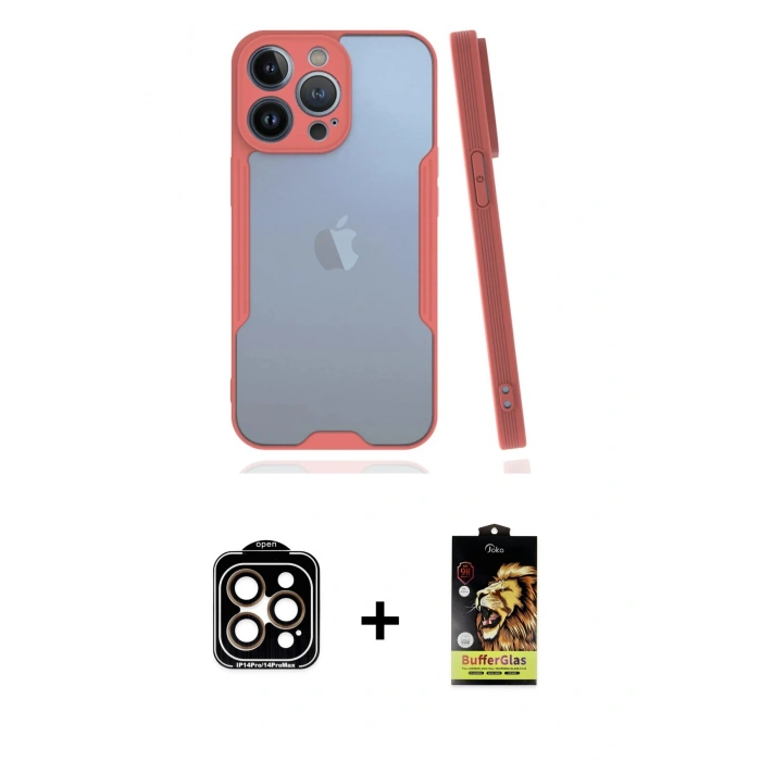 MARSİLYAN™- iPhone 14 Pro Max Kılıf Atlas Asil Serisi - Siyah Buffer Cam Ekran Koruyucu + PVD Metal Kamera Lens - TU