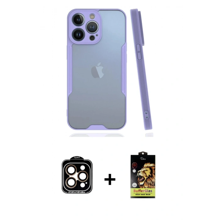 MARSİLYAN™- iPhone 14 Pro Max Kılıf Atlas Asil Serisi - Siyah Buffer Cam Ekran Koruyucu + PVD Metal Kamera Lens - TU