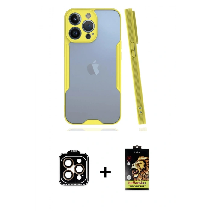 MARSİLYAN™- iPhone 14 Pro Max Kılıf Atlas Asil Serisi - Siyah Buffer Cam Ekran Koruyucu + PVD Metal Kamera Lens - TU
