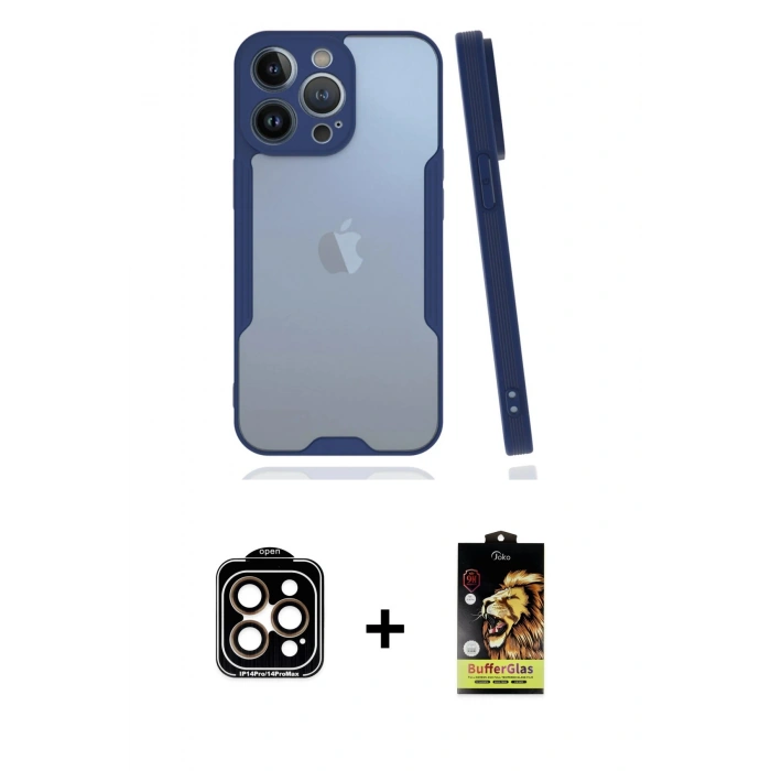 MARSİLYAN™- iPhone 14 Pro Max Kılıf Atlas Asil Serisi - Siyah Buffer Cam Ekran Koruyucu + PVD Metal Kamera Lens - TU