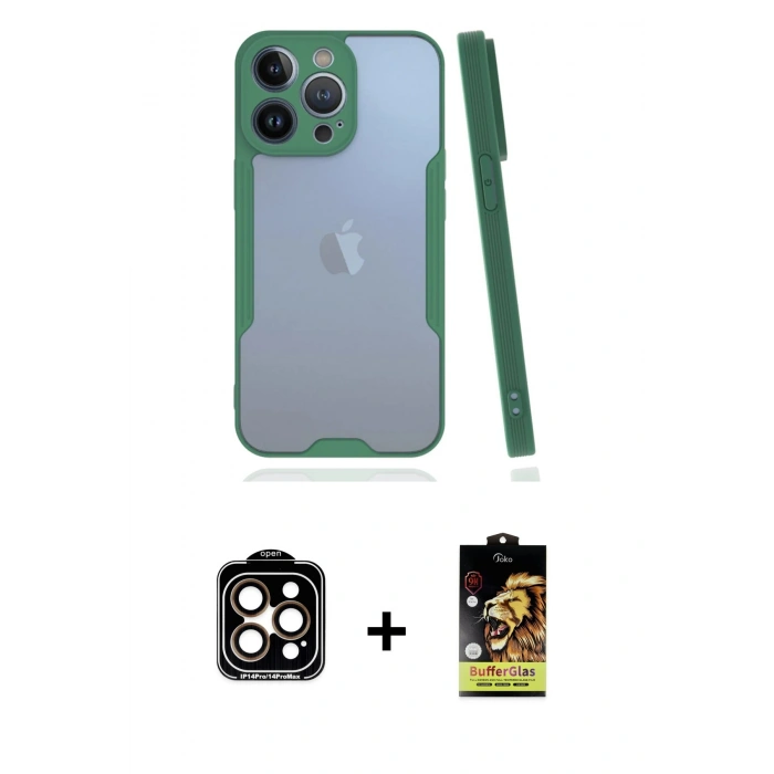 MARSİLYAN™- iPhone 14 Pro Max Kılıf Atlas Asil Serisi - Siyah Buffer Cam Ekran Koruyucu + PVD Metal Kamera Lens - TU