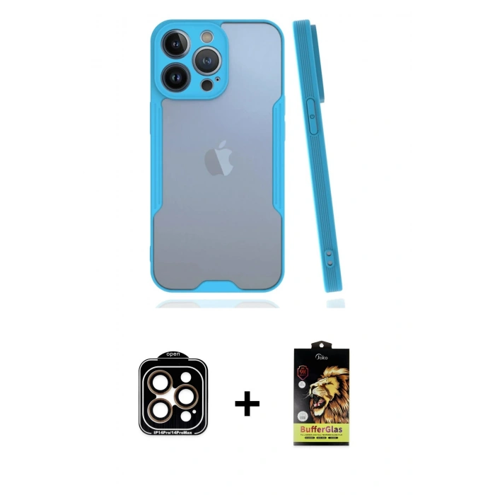 MARSİLYAN™- iPhone 14 Pro Max Kılıf Atlas Asil Serisi - Siyah Buffer Cam Ekran Koruyucu + PVD Metal Kamera Lens - TU