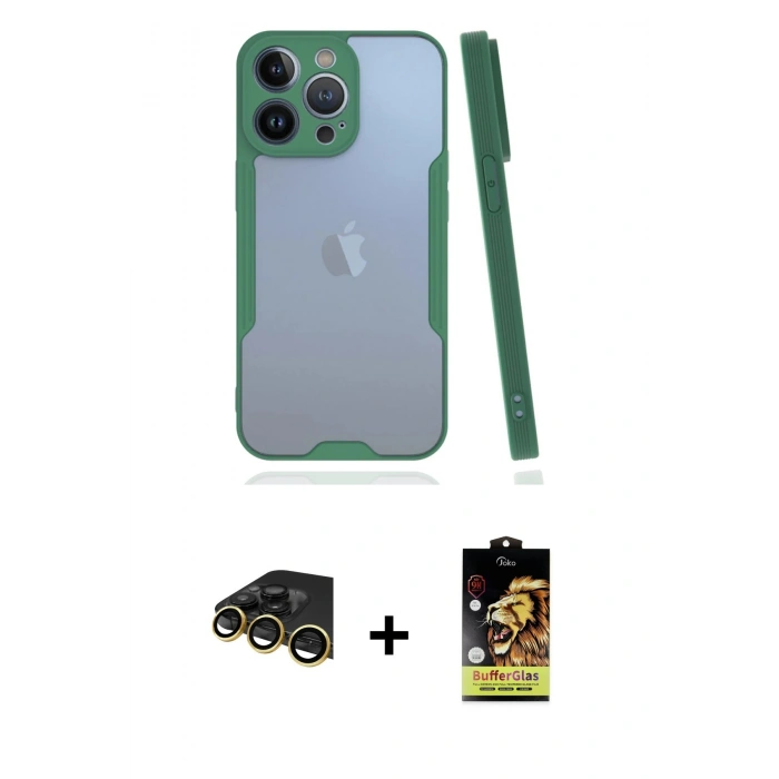 MARSİLYAN™- iPhone 14 Pro Max Kılıf Atlas Asil Serisi - Siyah Buffer Cam Ekran Koruyucu + Raze Metal Kamera Lens - GD