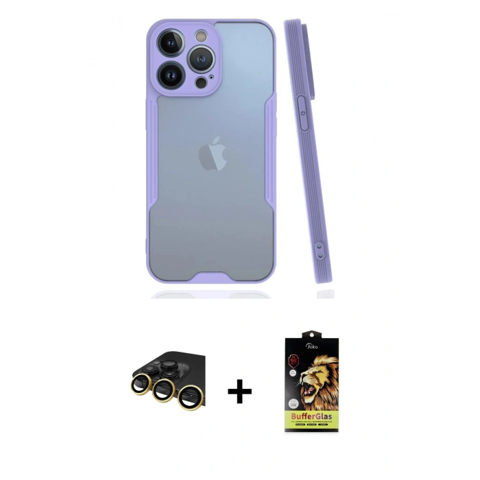 MARSİLYAN™- iPhone 14 Pro Max Kılıf Atlas Asil Serisi - Siyah Buffer Cam Ekran Koruyucu + Raze Metal Kamera Lens - GD