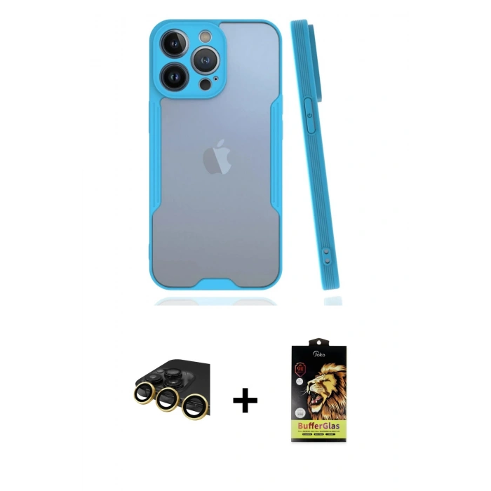 MARSİLYAN™- iPhone 14 Pro Max Kılıf Atlas Asil Serisi - Siyah Buffer Cam Ekran Koruyucu + Raze Metal Kamera Lens - GD