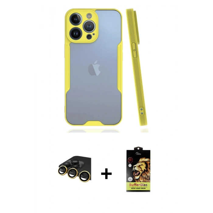 MARSİLYAN™- iPhone 14 Pro Max Kılıf Atlas Asil Serisi - Siyah Buffer Cam Ekran Koruyucu + Raze Metal Kamera Lens - GD