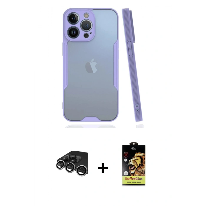 MARSİLYAN™- iPhone 14 Pro Max Kılıf Atlas Asil Serisi - Siyah Buffer Cam Ekran Koruyucu + Raze Metal Kamera Lens - GS