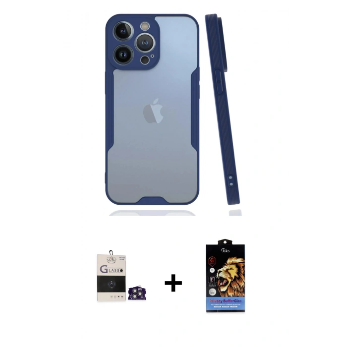 MARSİLYAN™- iPhone 14 Pro Max Kılıf Atlas Asil Serisi - Siyah Buffer Hayalet Cam Ekran Koruyucu + Bilvis Titan Kamera Lens - GS