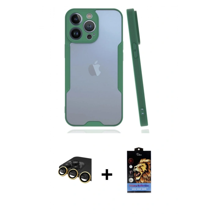 MARSİLYAN™- iPhone 14 Pro Max Kılıf Atlas Asil Serisi - Siyah Buffer Hayalet Cam Ekran Koruyucu + Raze Metal Kamera Lens - GD