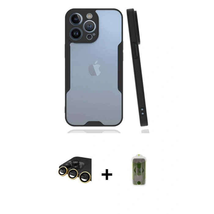 MARSİLYAN™- iPhone 14 Pro Max Kılıf Atlas Asil Serisi - Siyah Joko Magic 5D Hayalet Cam + Raze Metal Kamera Lens - GD