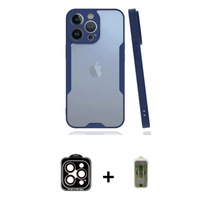 MARSİLYAN™- iPhone 14 Pro Max Kılıf Atlas Asil Serisi - Siyah Joko Magic 5D Hayalet Cam + Turuncu PVD Metal Kamera Lens